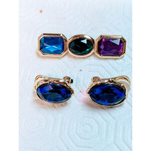 Vintage Art Deco Lucite Faceted Rhinestone Bar Brooch Earrings Purple Green Blue